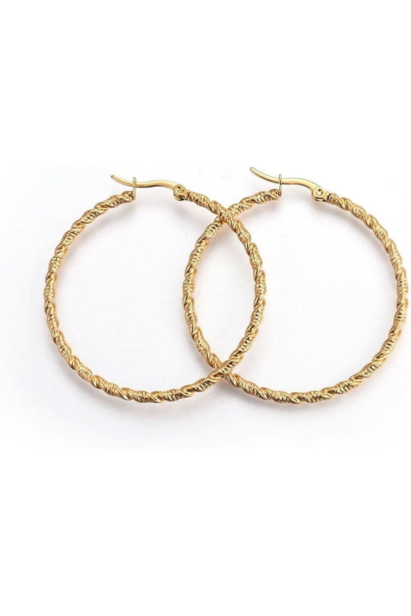 1pair Ion Plating(IP) 304 Stainless Steel Big Hoop Earrings Twisted Golden 10 Gauge 46x45x2.5mm Pin: 1.2x0.7mm