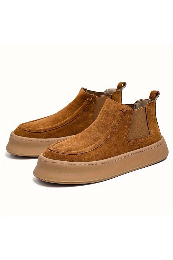 1pair Men'S Fashion Mid-Top Slip-On Walking Shoes, Casual Business Sports Style, Faux & Fabric Upper, PVC Sole, Round Toe, Warm Lining, Anti-Slip Chunky Sole for All Seasons