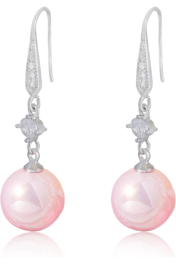 1pair Pearl Earrings with Cubic Zirconia White Freshwater Shell Pearl Dangle Hook Earrings Stud Round Ball Drop Hoop Earrings Brass Jewelry Gift for Women Pink 42.5x12mm Pin: 0.8mm
