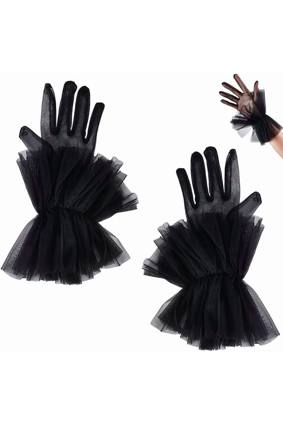 1pair Short Tulle Ruffle Gloves for Women Mesh Gloves Wedding Evening Opera Tea Party Prom Gloves Costume Accessories Black