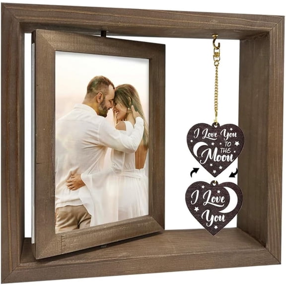1pc 1 Pc Wood Rotating Picture Frame Dark Brown I Love You to Moons Photo Frame with Heart Charms Double Sided Memorial Picture Frame for Husband Wife His Her Valentine 4x6inch