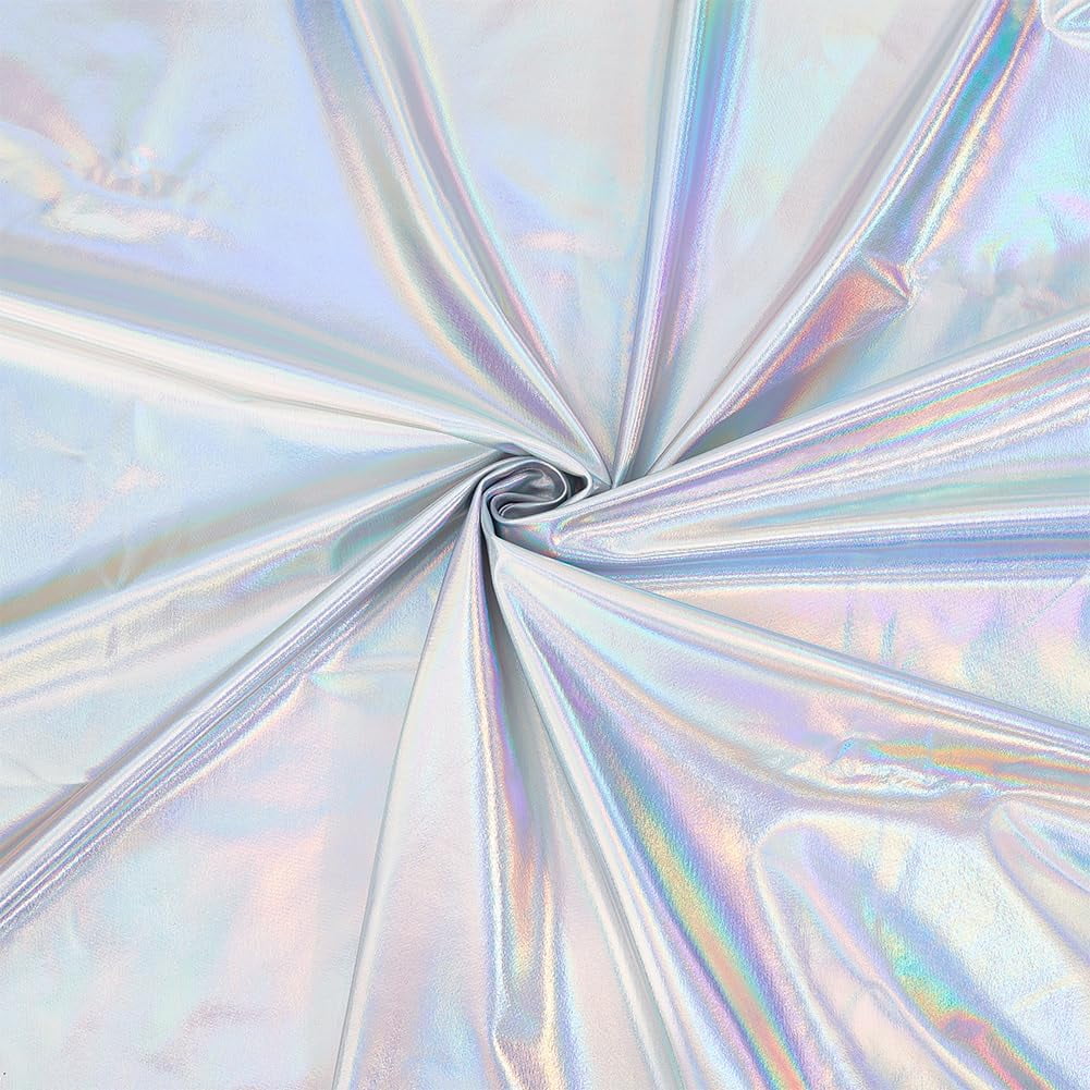 1pc 1 Yard Iridescent Silver Metallic Foil Fabric 59Inch Wide Stretch Shiny Fabrics Foil Spandex Fabric for DIY Sewing Crafting Event Decoration Costumes Cosplay Christmas Halloween