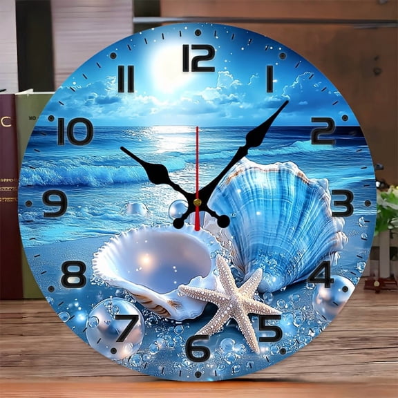 1pc 10Inch OceanInspired Silent Round Wall Clock, Wood Veneer Beach Scene, Flat Design, Coastal Decor for Living Room, Bedroom and Kitchen, AA Battery Operated, Batteries Not Included