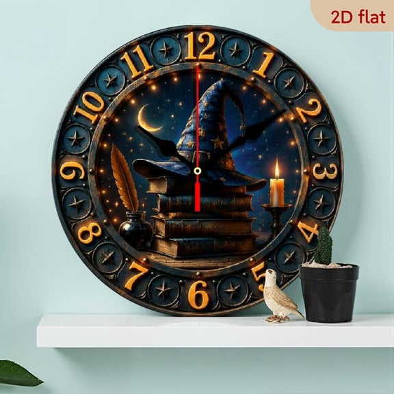 1pc 10 InchWall Clock Featuring a Retro Wizard Hat And Book Design, Designed with a Flat 2D Imitation Wood Look It Operates Silently with Quartz Movement And Requires AA Batteries (Not Inclu