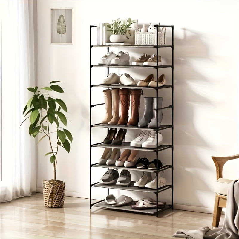 1pc 10 Tier Metal Shoe Rack Non Woven Fabric 60 Inches Tall Space Saving Storage Organizer Gray For Entryway Bedroom Closet Home Furniture