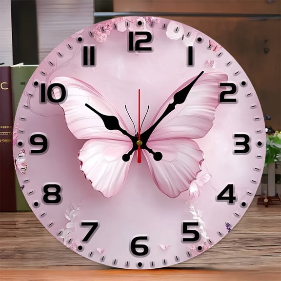 1pc 10inch Pink Princess Butterfly & Floral Round Silent Flat Wall Clock, Wood Veneer European Style, Decor for Living Room, Bedroom and Kitchen, Festive Home Accent, Batteries Not Included