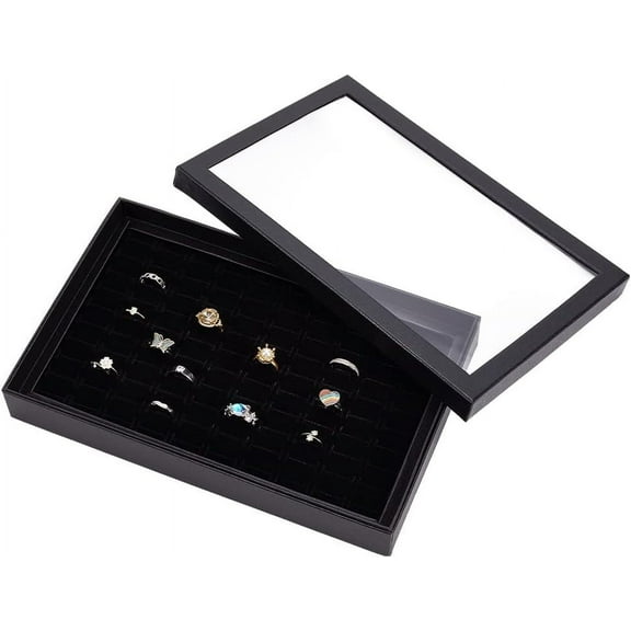 1pc 100 Slots Ring Jewelry Tray Velvet Ring Display Showcase Ring Holder Organizer Box with Transparent Lid for Ring Jewelry Storage Dispaly Selling Retail Craft Fair Black
