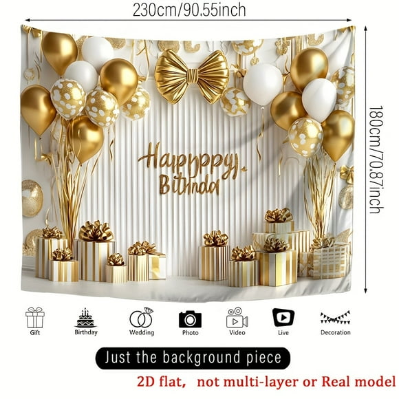 1pc 100x150cm Golden & White Happy Birthday Backdrop Banner - Durable Polyester Photo Wall with Balloons, Gift Boxes & Bow Design, Perfect for Birthday Party Decor
