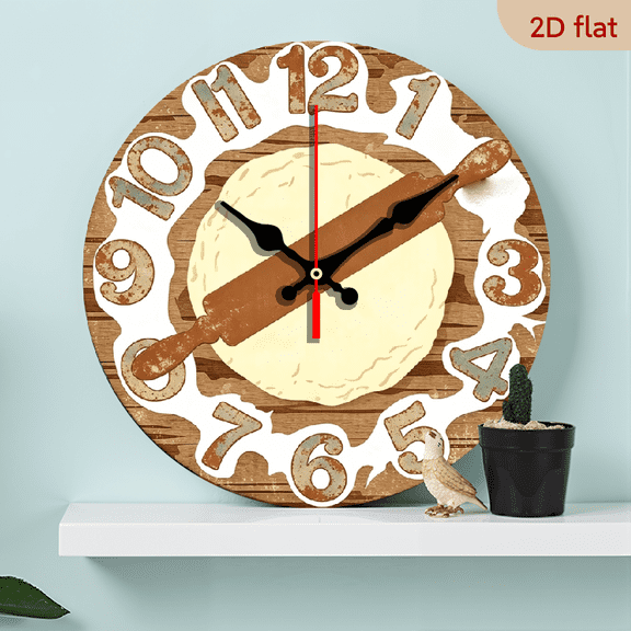 1pc 10Inch 12Inch Baking-Themed Wall Clock with Rolling Pin and Dough Pattern - Silent Quartz Movement, Wood Material, Battery Powered (AA Not Included) - Suitable for Kitchen, Coffee Shop, Ho