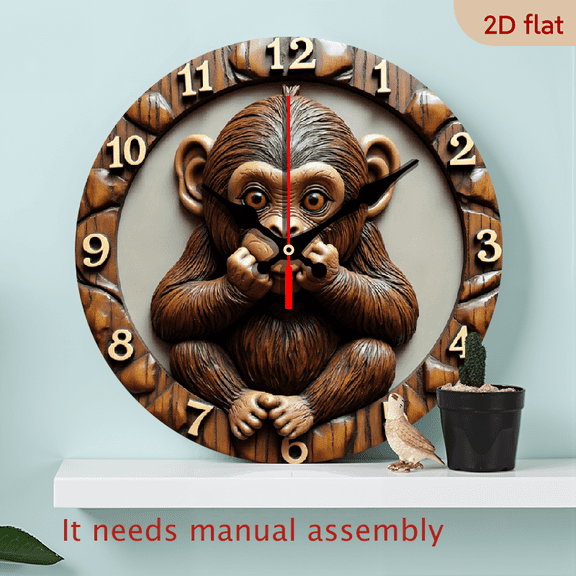 1pc 10Inch Cute Monkey on Tree Branch Wooden Wall Clock - Silent Non-Ticking Japanese Quartz Movement, Brown Monkey Tree Branch Design - Battery-Powered (AA Not Included) - for Living Room, Be
