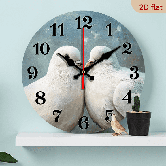 1pc 10Inch Silent Wall Clock Non-Ticking Wooden, Decorative Circular Clock Two White Pigeons on a Clock Face Design for Living Room, Bedroom, Kitchen, Entryway, Office 25cm(No Battery)