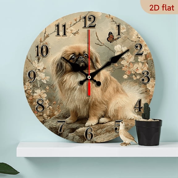 1pc 10Inch Silent Wooden Wall Clock That Doesn'T Tick, Featuring a Decorative Circular Design of a Pekingese Dog with a Floral Backdrop, Suitable for an Office, Conference Room, Reception Area