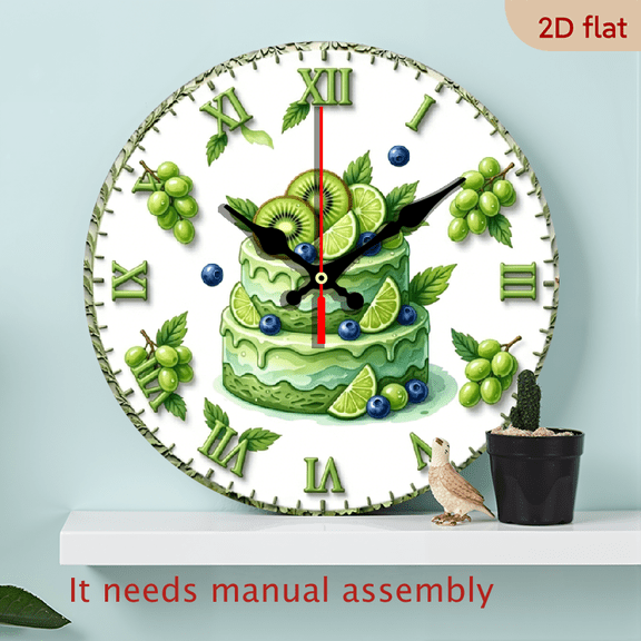 1pc 10Inch Wooden Round Wall Clock Green Color Fruit Cake And Grapes Pattern With Roman Numerals For Kitchen And Living Room Decor Ideal For Summer And Spring Season
