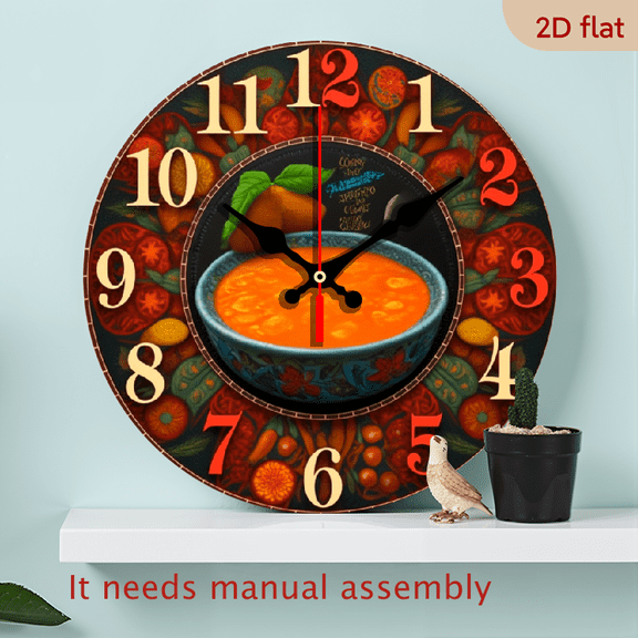 1pc 10Inch Wooden Wall Clock Orange Color Soup Bowl And Vegetables Pattern With Text For Kitchen Decor