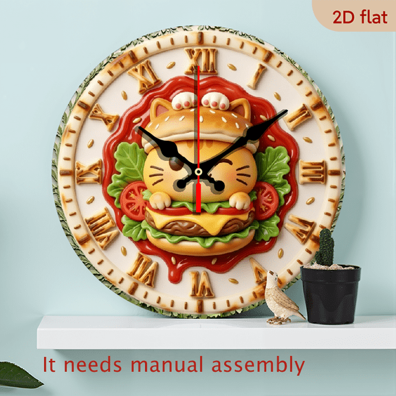 1pc 10Inch Wooden Wall Clock Round Burger Design Multicolor Office Home Decor For Kitchen Living Room Holiday Gift