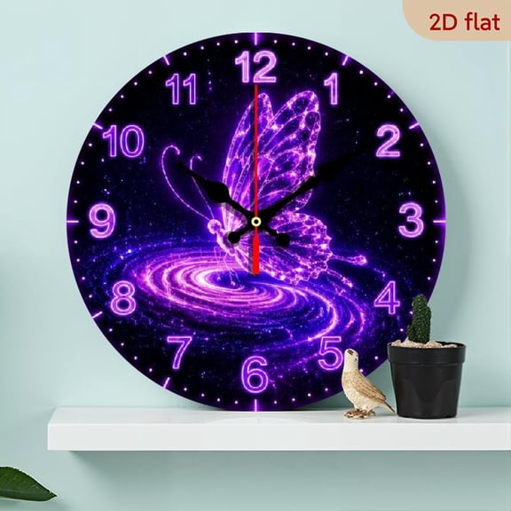 1pc 10inch Purple Glow Butterfly Wall Clock, Quiet Non-Ticking Starry Sky Art for Living Room, Wooden Decorative Analog Clock, Easy-to-Read Numbers, Perfect Home Gift