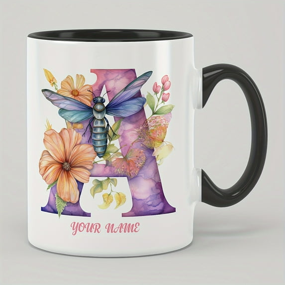 1pc, 11 Oz/330ML, Customized With 26 Letters, Dragonfly, Butterfly Pattern Mug, Ceramic Coffee Cup, Summer And Winter Drinkware, Christmas Gift, Black And White, Upload Your Name, Customize