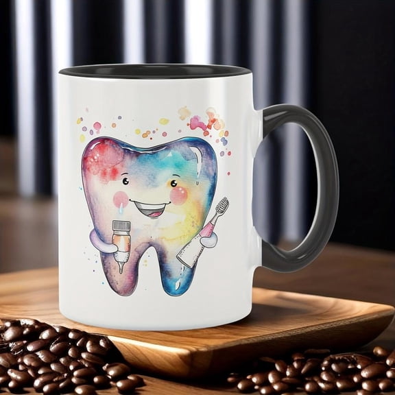 1pc 11Oz 330Ml Dental Care Mug Dentist Ceramic Coffee Mug Cafes Black White Two Color Cup Winter Summer Drinkware Commemorative Teeth Lover