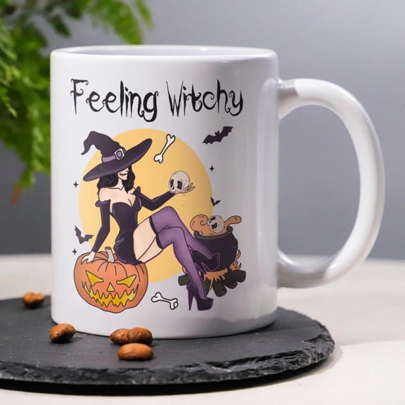 1pc 11Oz Black White And Pink Ceramic Coffee Tea Mug Featuring a Feeling Witchy Design with a Glamorous Witch And Halloween Elements Halloween Parties