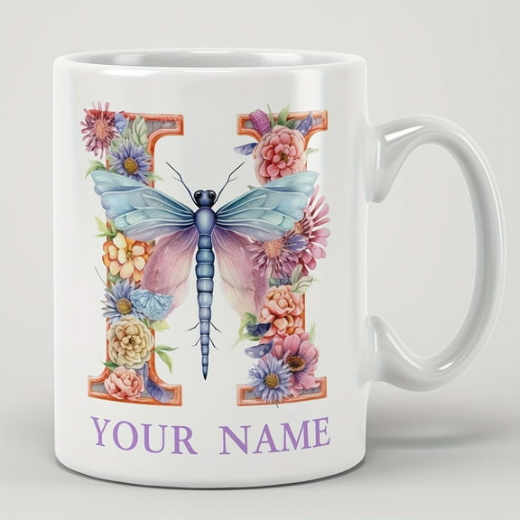 1pc 11oz/330ml Letter Dragonfly Custom Ceramic Mug For Restaurant Custom Name Blessing Word Coffee Mug For Bestie Lover Office/Home Life/Festival/Party/Wedding, Perfect Birthday Gift,