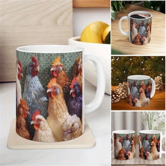 1pc 11oz 3D Ceramic Chicken Family Coffee Mug Rooster Hen Print Novelty Cup Love Idea