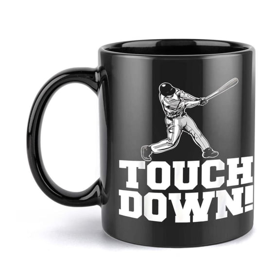1pc 11oz Baseball Themed Ceramic Coffee Mug with TOUCH DOWN Design Black White Graphic of a Player Swinging Bat Sports Fans Birthday or Holiday Gifts Baseball Accessories
