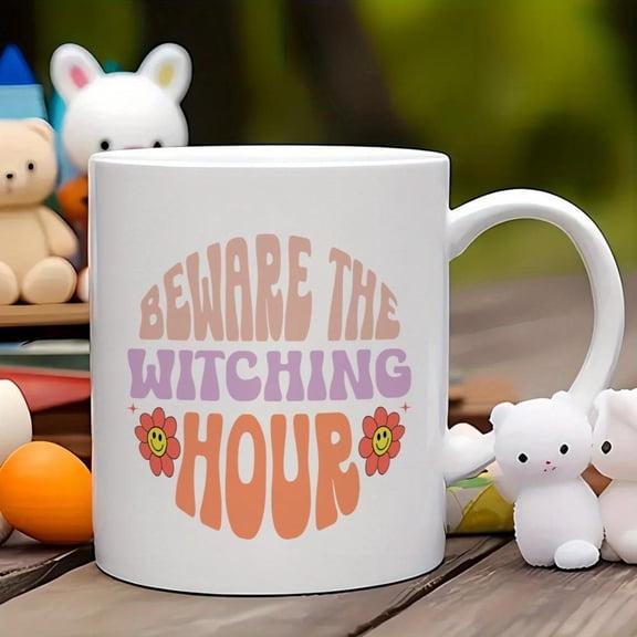 1pc 11oz Beware Witching Hour Ceramic Coffee Mug Gothic Witch Themed Cup with Bats Cauldrons Design Dishwasher Reusable Witchy Wiccan Decor Halloween