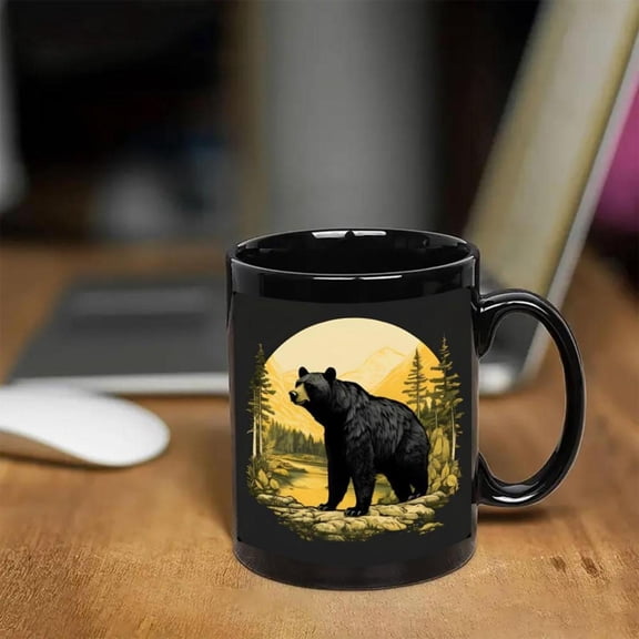 1pc 11oz Black Ceramic Coffee Mug with Bear Mountain Design Microwave Dishwasher Christmas Nature Lovers Office Reading or Dining Use Coffee Bar Accessorie