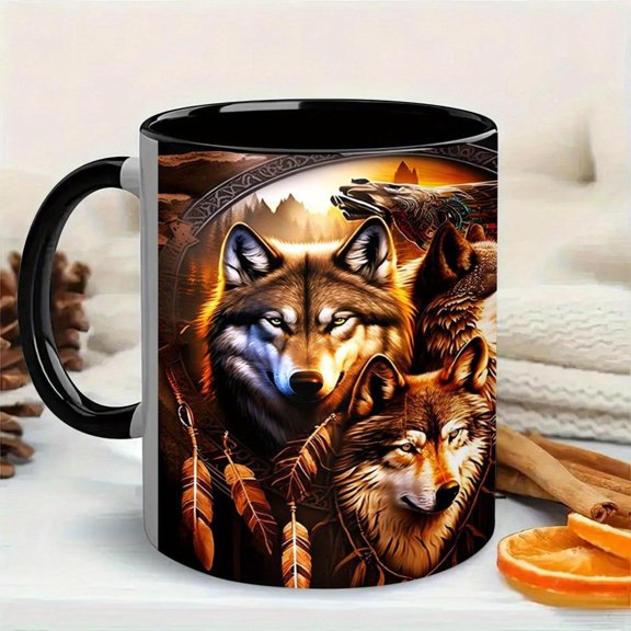 1pc 11oz Black Ceramic Wolf Themed Mug with Vibrant Wolf Illustrations Coffee Tea or Beer Hand Wash Only Ideal Nature Lovers Wolf Enthusiasts Birthdays Valentine s Day or Easter Decor Decorative Beer