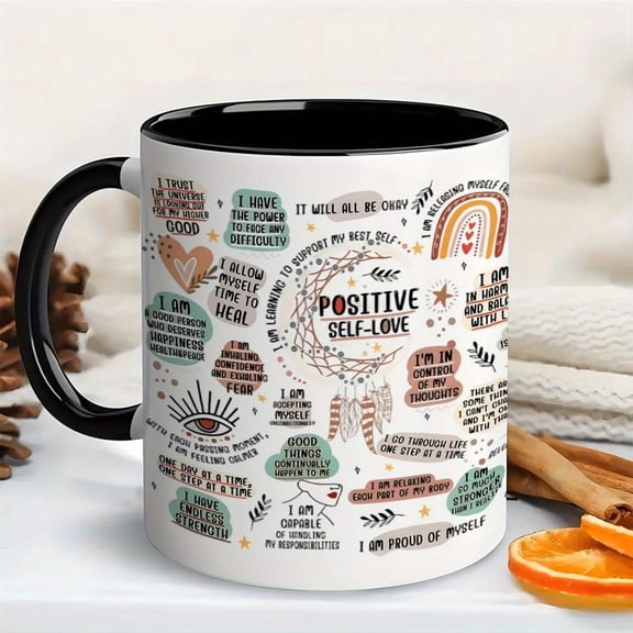 1pc 11oz Ceramic Boho Positive Quotes Coffee Mug with Motivational Words Colorful Inspirational Illustrations Dishwasher Reusable Cup Uplifting Affirm