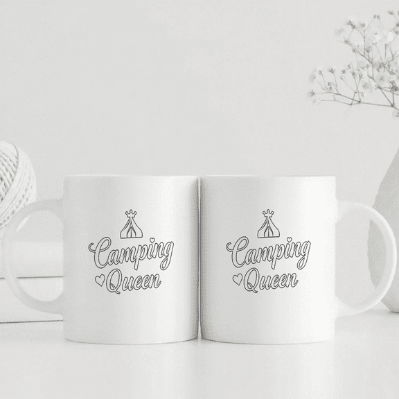 1pc 11oz Ceramic Camping Queen Mug with Tent & Campfire Logo - Dishwasher White Coffee Cup for, Ideal Gift for Female Campers, Birthdays, Weddings, Outdoor Enthusiasts - Reusable Tea