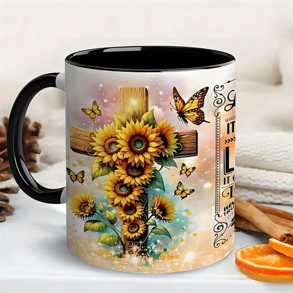 1pc 11oz Ceramic Christian Faith Coffee Mug with Inspirational Bible Verse Sunflower Design Vibrant Yellow Sunflowers Butterflies Hearts Dishwasher Re