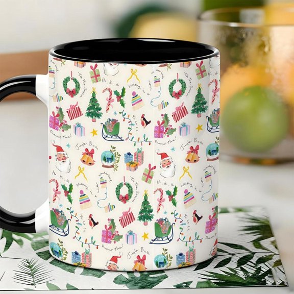 1pc 11oz Ceramic Christmas Mug with Santa Reindeer Snowman Design Dishwasher Reusable Coffee Tea Cup Festive Golden Holiday Design with Holly Berries