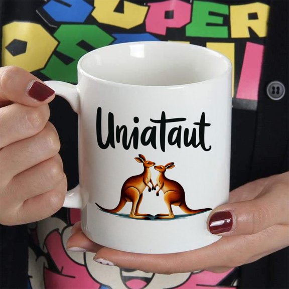 1pc 11oz Ceramic Coffee Mug, 3.7x3.2 Inch, Two Kangaroos & Uniataut Text Design, Clear Texture, Durable Hand Wash Only Cup, Perfect Gift for Birthdays Christmas Memorial Day Friends Brothers Daily Us