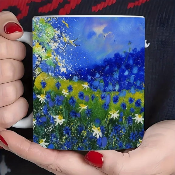 1pc 11oz Ceramic Coffee Mug with Blue Sky Wildflowers Design Dishwasher Ceramic Cup Dreamy Floral Field Tea Cup Nature Themed Home Office Christmas or