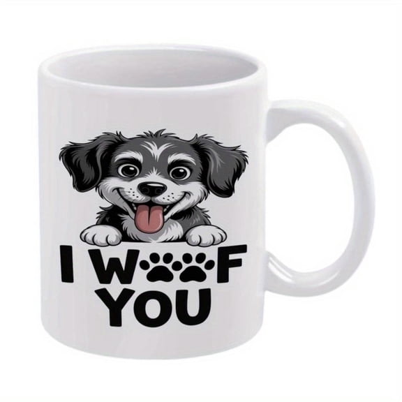 1pc 11oz Ceramic Coffee Mug with Cute Puppy Design I Woof You Text White with Black Paw Print Hot Cold Drinks Ideal Dog Lovers Birthdays Holidays Coffee Bar Accessories