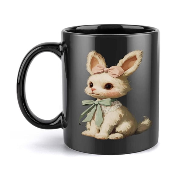 1pc 11oz Ceramic Coffee Mug with Cute Rabbit Pink Bow Design Black Cup White Rabbit Light Green Lace Collar Birthday Holiday Women Girls Tea Coffee Lovers Coffee Cup