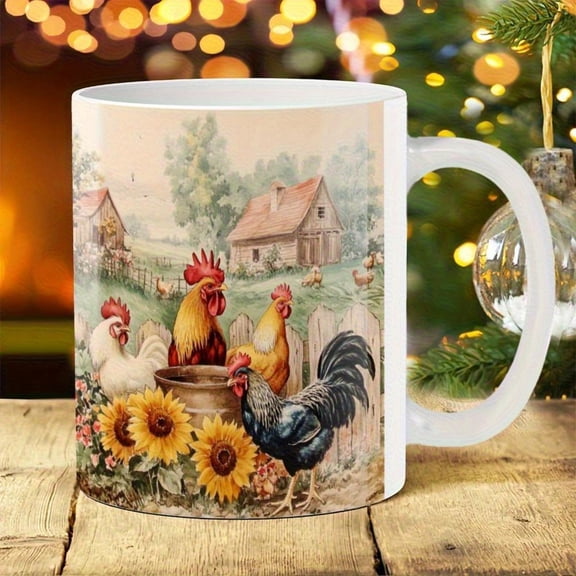 1pc 11oz Ceramic Coffee Mug with Farm Chicken Rooster Design Rustic Farmhouse Theme Dishwasher Durable Cup Hot Cold Drinks Country Kitchenware Reusable Holiday Chicken Lovers