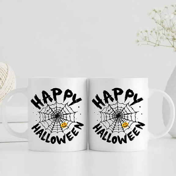 1pc 11oz Ceramic Coffee Mug with Happy Halloween Spider Web & Bat Design - Dishwasher Safe White Cup for Hot/Cold Drinks, Reusable Gift for Christmas, Easter, Birthdays, Weddings - Spooky Kitchen & D