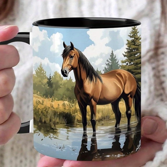 1pc 11oz Ceramic Coffee Mug with Horse Themed Equestrian Design Vibrant Nature Scene Art Hand Wash Only Ideal Horse Coffee Lovers Adults Teens Birthda