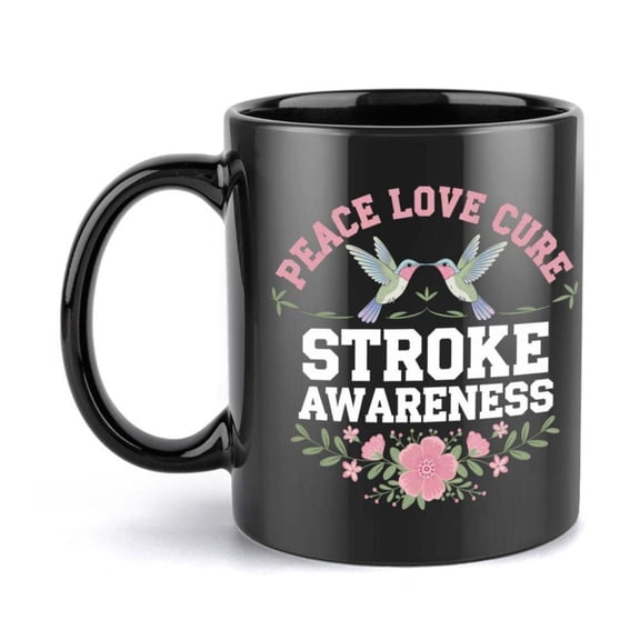 1pc 11oz Ceramic Coffee Mug with Inspirational Bird Floral Design Black with Pink Accents Peace Love Cure Stroke Awareness Message Hand Wash Only Reusable Friends Family Coffee Cup