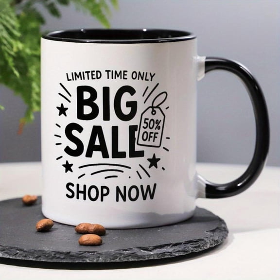1pc 11oz Ceramic Coffee Mug with Limited Time Only Big Up to 50 Off Shop Now Design Black Handle White Background with Starburst Graphics Holiday Home