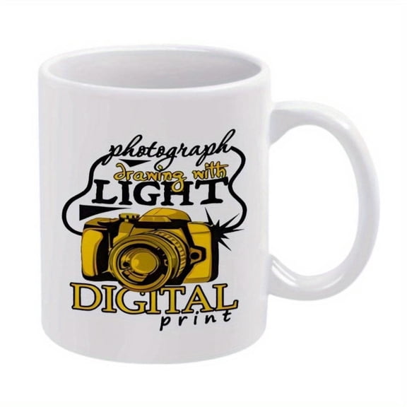 1pc 11oz Ceramic Coffee Mug with Photographing with Light Design Yellow Camera Sparkles Photography Enthusiasts Hand Wash Only All Season Use Photography Mug Artistic Mug Design Durable Mug