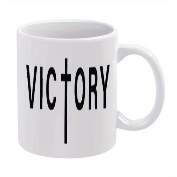1pc 11oz Ceramic Coffee Mug with VICTORY Text Cross Design White Reusable Hand Wash Only Ideal Christmas New Year Summer Winter Drinks Coffee Bar Accessories