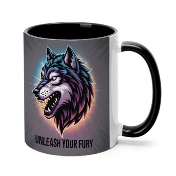 1pc 11oz Ceramic Coffee Mug with Wolf Design Unleash Your Fury Text Black Handle White Background Summer Winter Drinks Ideal Birthday Holiday Christmas New Year Valentine S Day