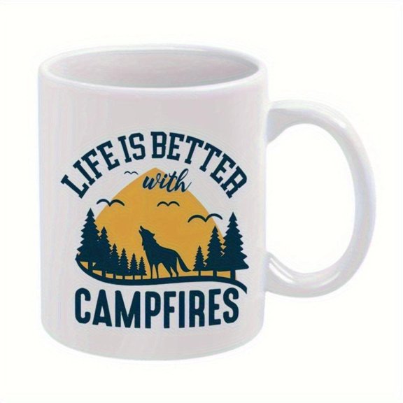 1pc 11oz Ceramic Coffee Mug with Wolf Pine Tree Design Life is Better with Campfires Text White Handle Camping Outdoor Adventures All Season Drinks Camping Mug