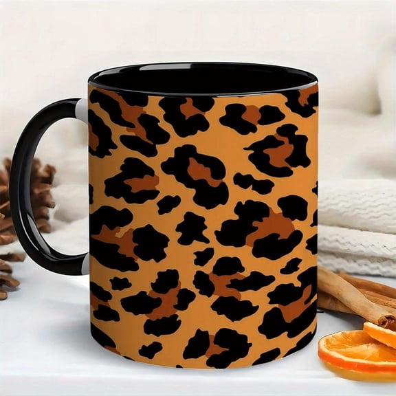 1pc 11oz Ceramic Coffee Mug with Brown Black Leopard Print Elegant Animal Pattern Drinkware Durable Washable Home Office Birthday Christmas