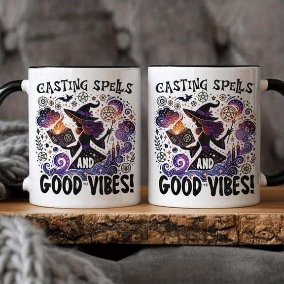 1pc 11oz Ceramic Coffee Mug with Mystical Witch Design Magical Stars Moons Inspired Casting Spells Good Vibes Text Dishwasher Reusable Cup Tea Coffee