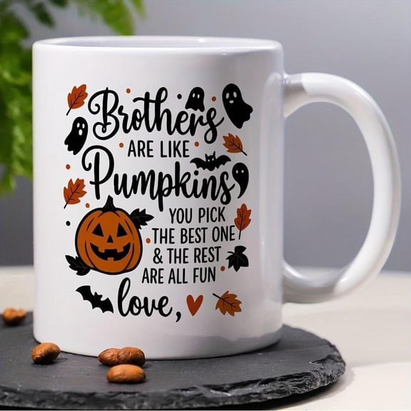 1pc 11oz Ceramic Coffee Mug with Pink Rim White Body Autumn Pumpkin Falling Leaves Design Microwave Tea Cup with Themed Phrases Brothers Sisters Fall