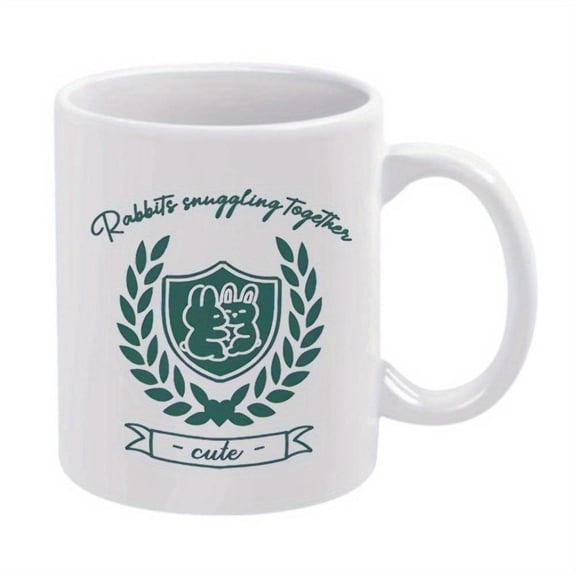 1pc 11oz Ceramic Coffee Mug with Rabbit Design Rabbit S Snuggling Together Text Green White Friends Family Ideal All Seasons Rabbit Accessories